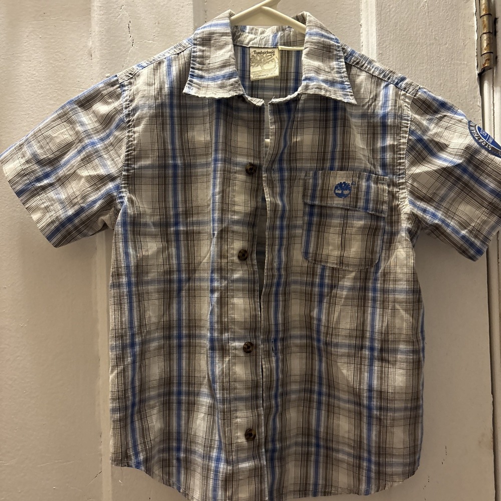 Timberland Boys Size 6 Short Sleeved Button Up‎ Dress Shirt, Blue And Brown